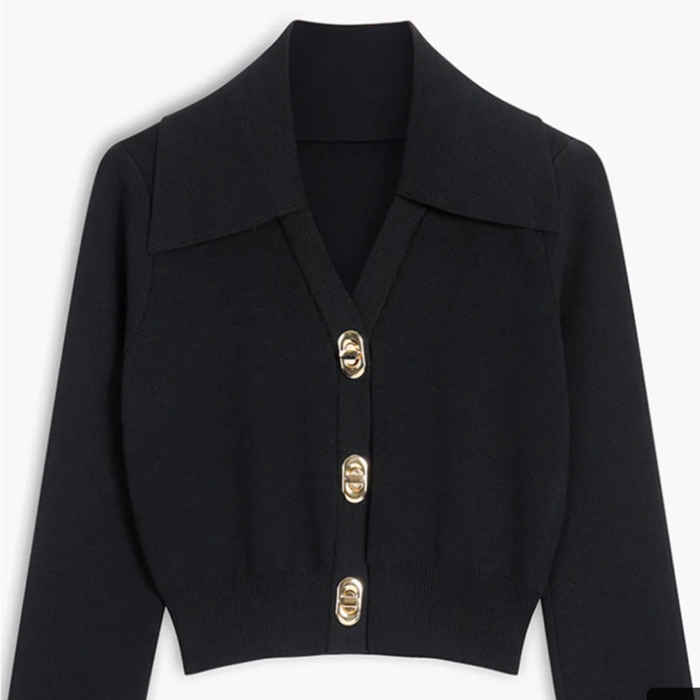 Black V‑Neck Button Cardigan with Gold Accent Buttons